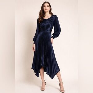 Sandro Paris Navy Pleated Satin Midi Dress Boat Neck V-Back EU 40